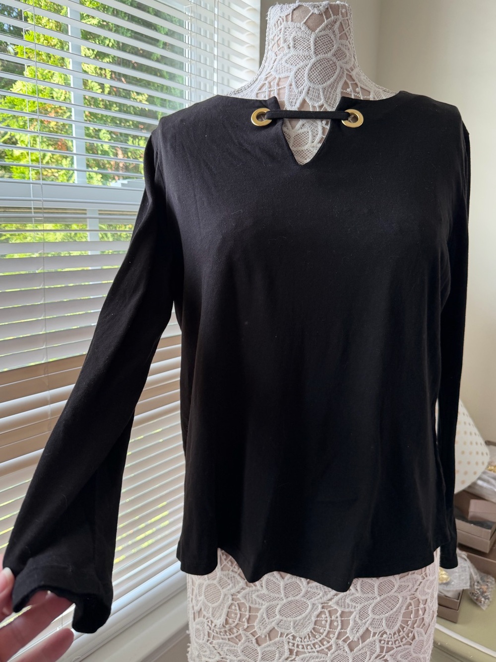 EUC Michael Kors Black Long-Sleeve Top with Gold Grommet Detail Size XL